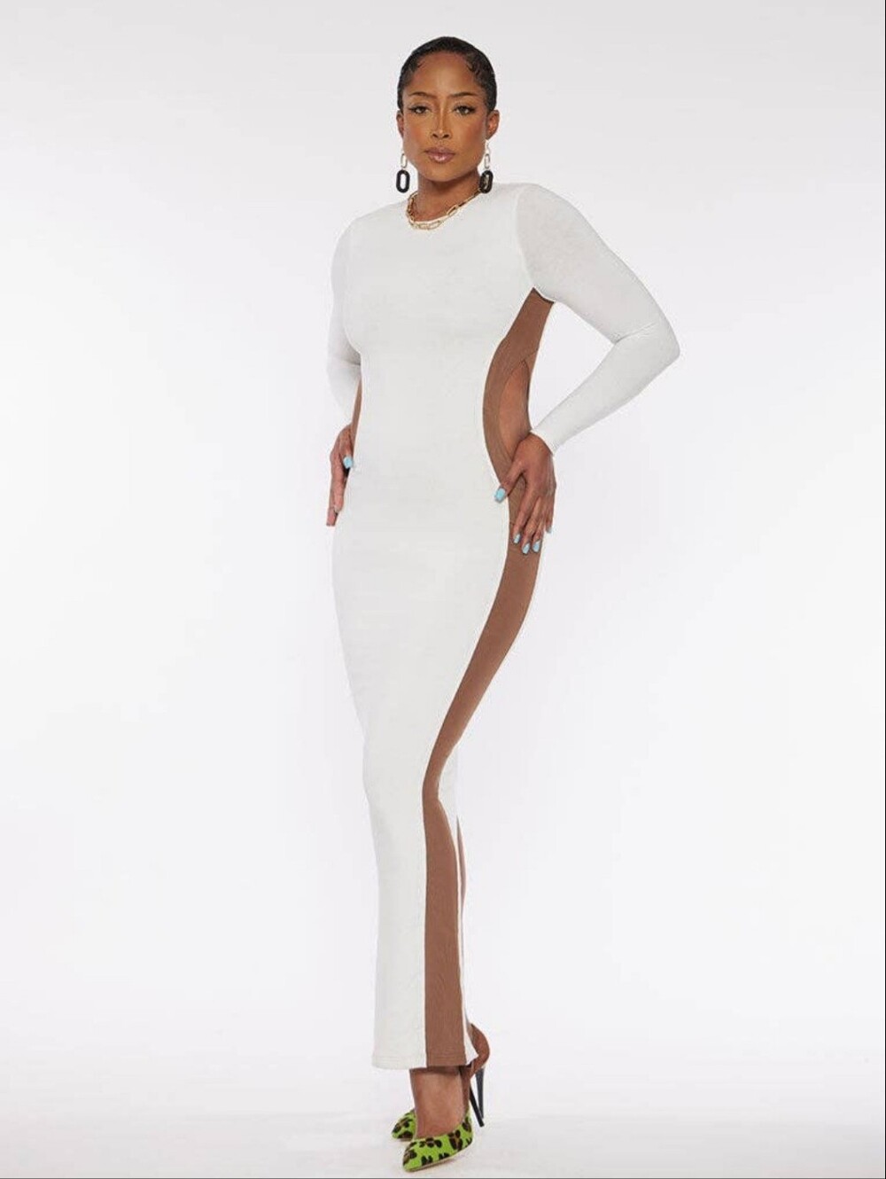 Long Sleeve White Bodycon Maxi Dress with Brown Side Panels Side Peak-a-boo .